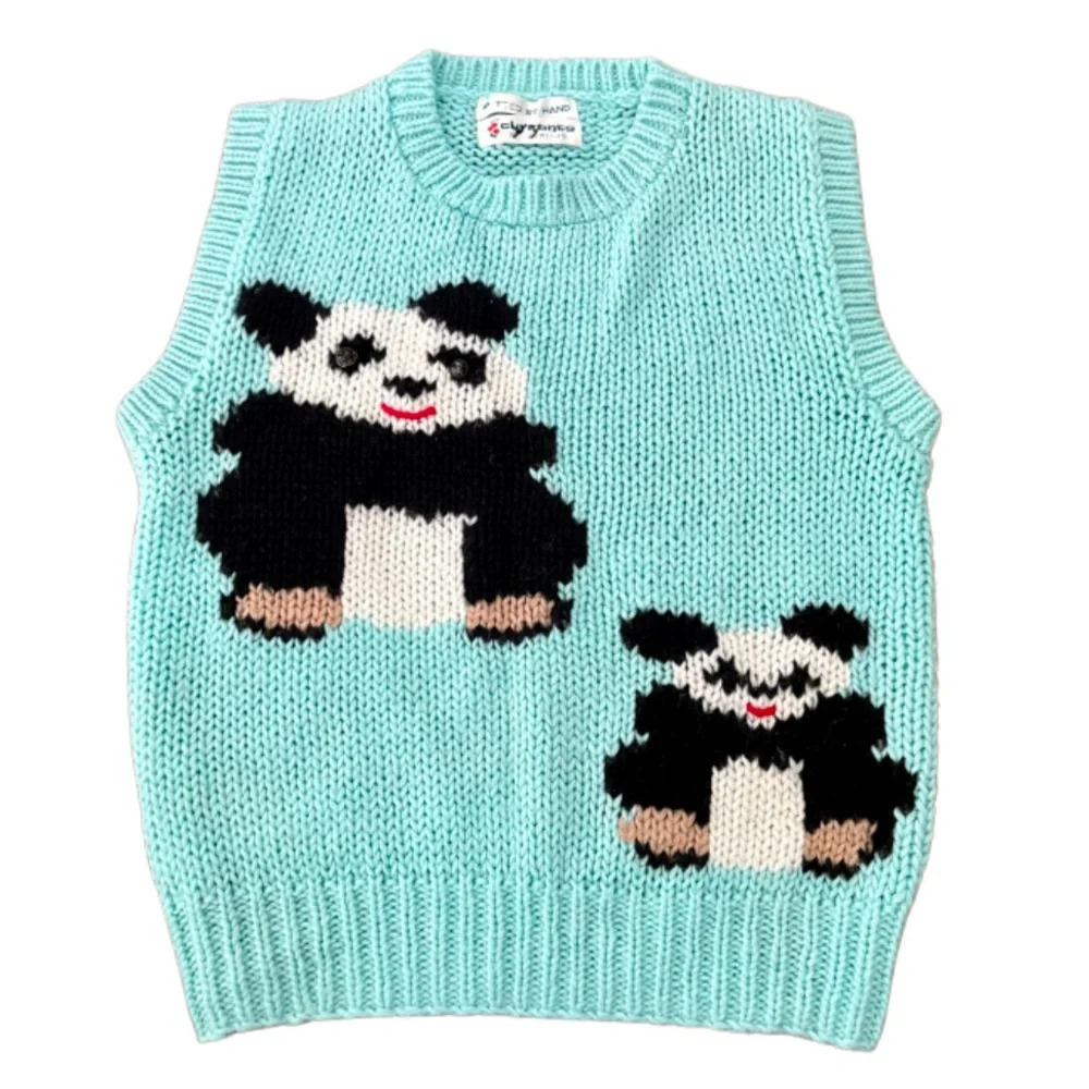 Vintage Currants Hand Knit Panda Bear Sleeveless Sweater Vest Top Size Small